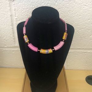 Signed Japan maker glazed pink stone with crisonne floral chocker necklace.
